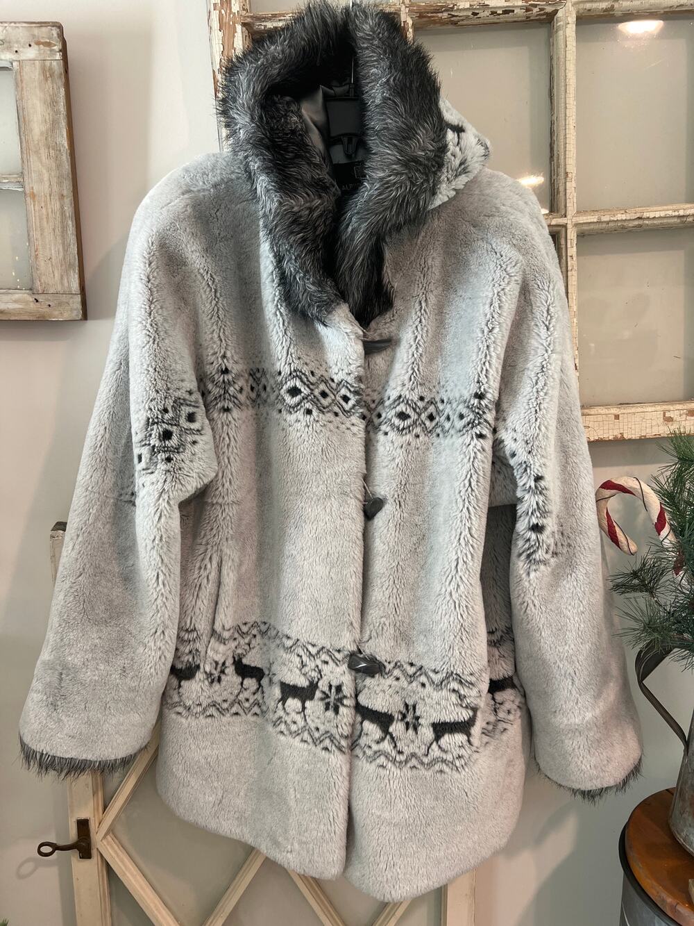Alpine Studio size medium fuzzy fleece coat with deer & fur trim